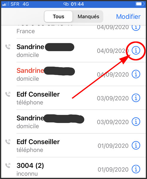 iPhone : sélectionner la fiche contact en appuyant sur le "i"