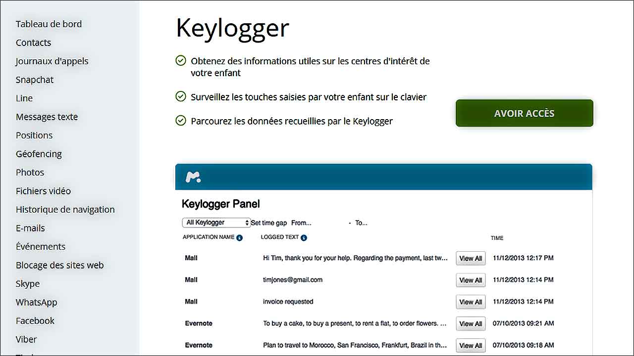 La fonction Keylogger de Mspy