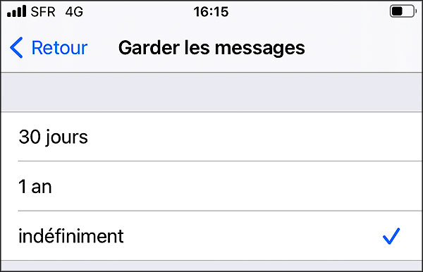 iPhone, rubrique "Garder les messages"