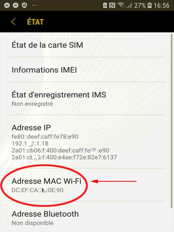 Adresse mac wifi sur un android