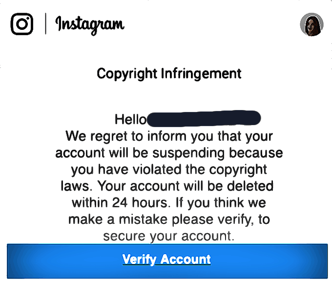 Fausse notice de copyright sur Instagram