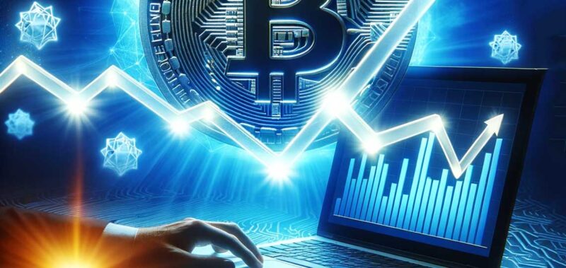 graphique déclinant avec le symbole du Bitcoin en arrière-plan pour symboliser la baisse des attaques de cryptomining