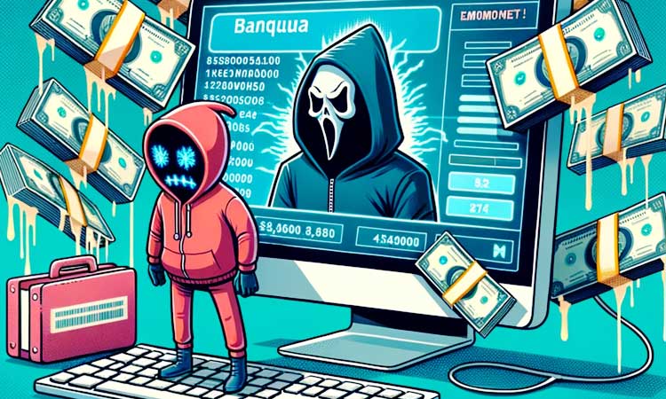 Illustration d'un ordinateur infecté par le logiciel malveillant Emotet, avec des billets de banque s'échappant de l'écran pour représenter les profits des cybercriminels.