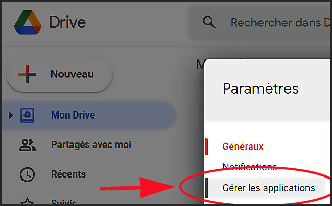 Google Drive Paramètres Gérer les applications