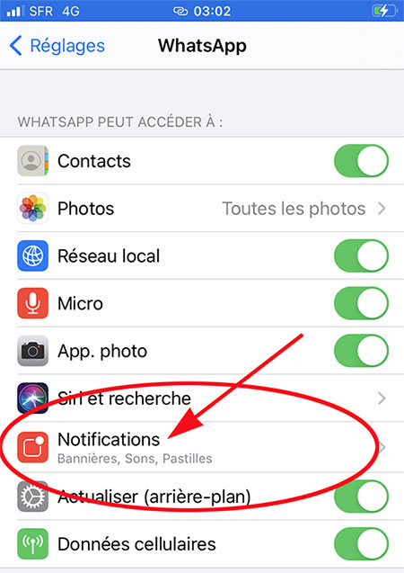 Rubrique "Notifications" de Whatsapp