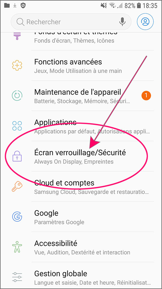 Android Samsung S7 : Paramètres / Ecran de verrouillage / Sécurité