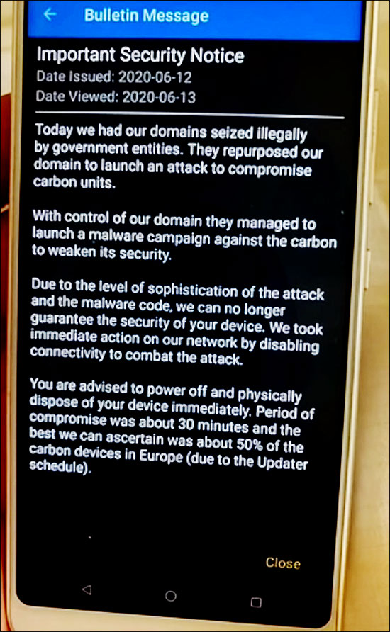 Message d'avertissement envoyé par EncroChat à ses utilisateurs en 2020