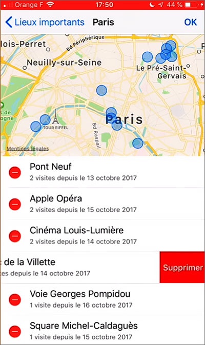 Les lieux enregistrés par la fonction "Localiser" de mon iPhone