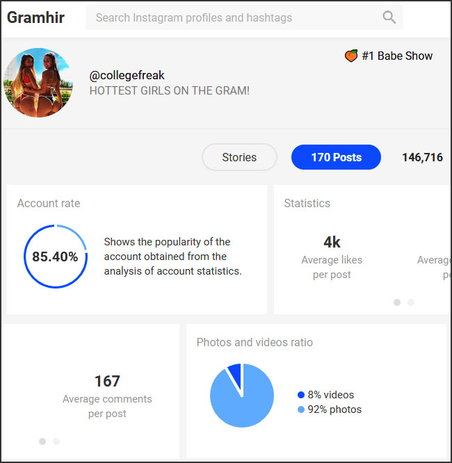 Statistiques présentées par Gramho pour chaque compte Instagram