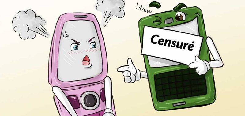 Smartphones anthropomorphes et panneau "Censuré".