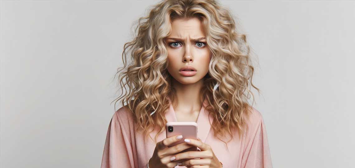 Femme blonde aux cheveux bouclés, portant un ensemble rose tendre. Son visage semble perplexe ou troublé. Elle regarde l'appareil mobile qu'elle tient, affichant une expression d'étonnement ou de mécontentement.