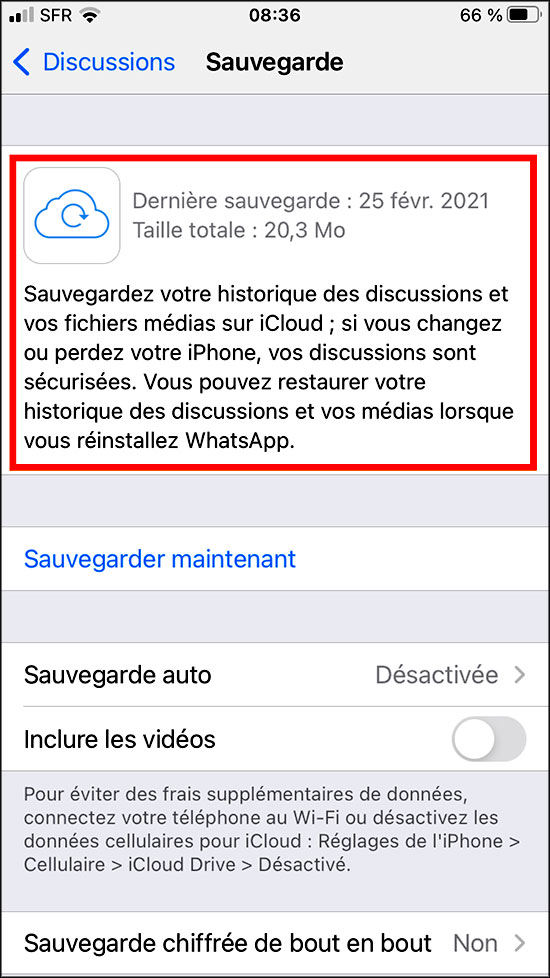 Réglages Whatsapp : Sauvegarder sur iCloud