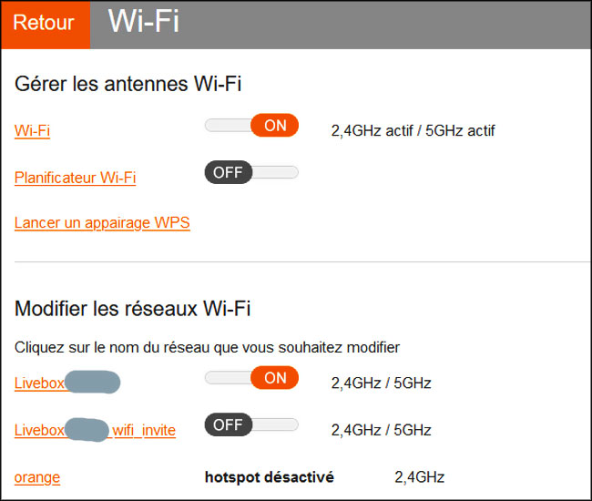 Exemple de tableau de bord d'administration d'un routeur WiFi Orange
