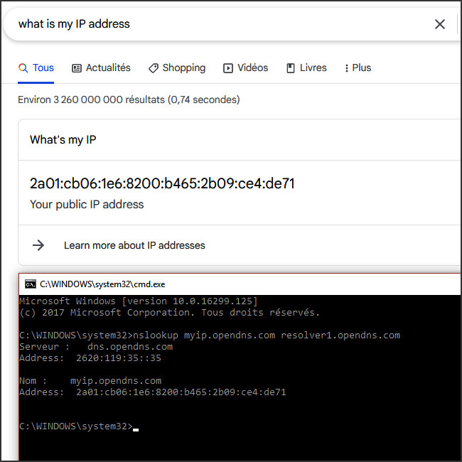 deux moyens localiser adresse ip : La console cmd et Google