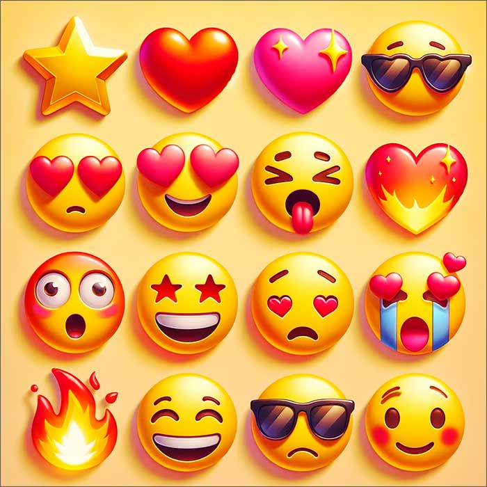 Collection d'emojis variés sur fond jaune.