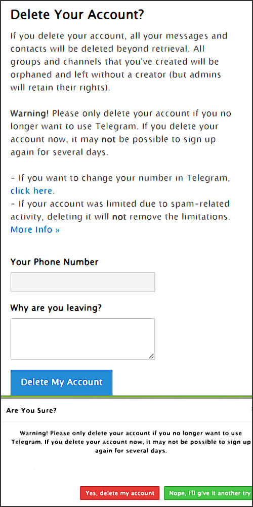 telegram demande la confirmation de la suppression