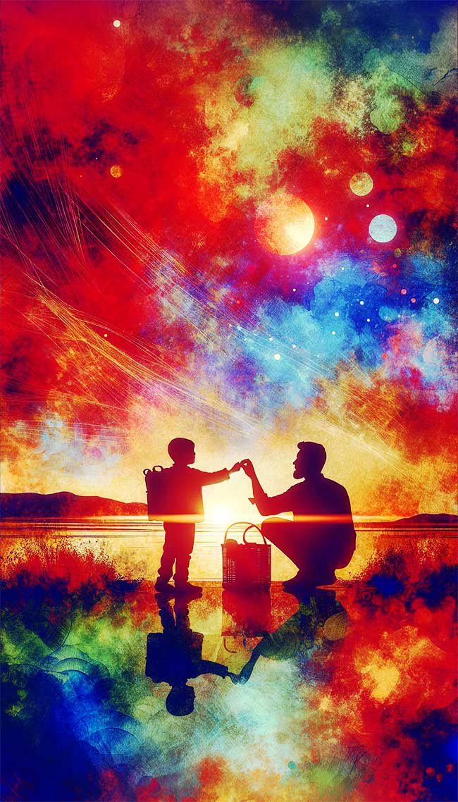 Silhouettes enfant jouant avec son père, fond coloré abstrait.