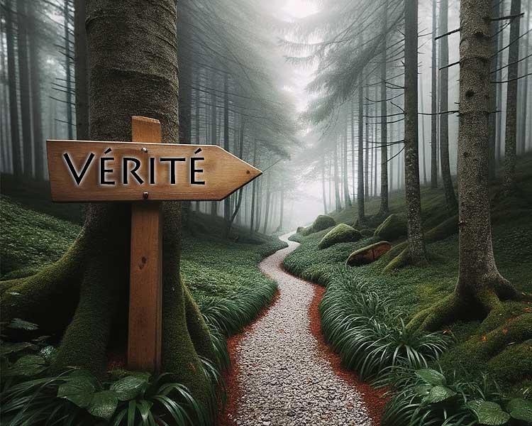 Photo d'un chemin sinueux dans une forêt brumeuse, avec un panneau en bois indiquant 'Vérité' pointant vers une direction incertaine, symbolisant le voyage vers la compréhension.