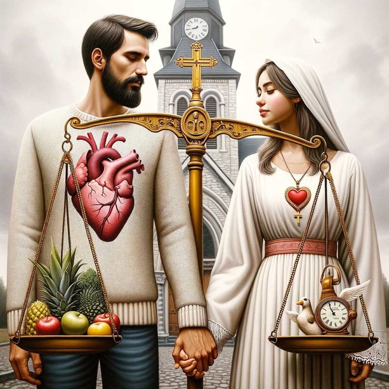 Photo d'un couple d'origines diverses se tenant la main devant une église, avec une grande balance ancienne à côté d'eux où un cœur et une croix sont en équilibre, symbolisant la vérité amoureuse et religieuse.