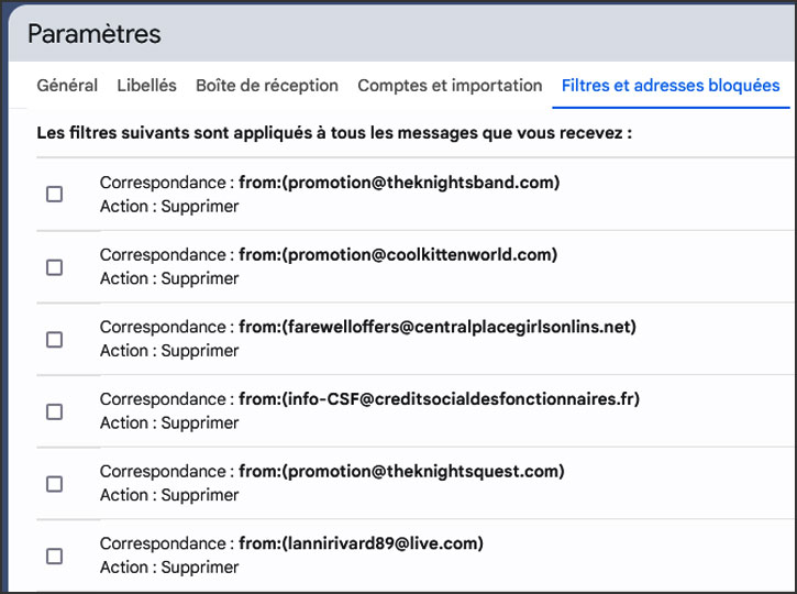 gmail filtres et adresses bloquees