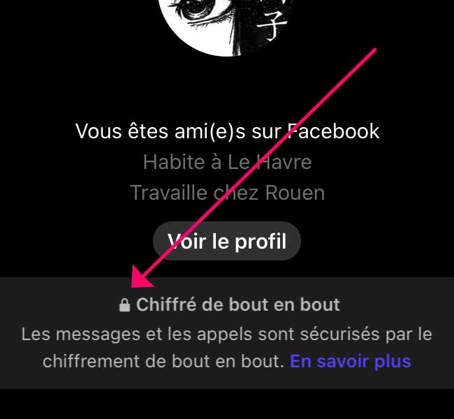 Capture d'écran interface Facebook Messenger (icone cadenas pour la communication chiffrée)