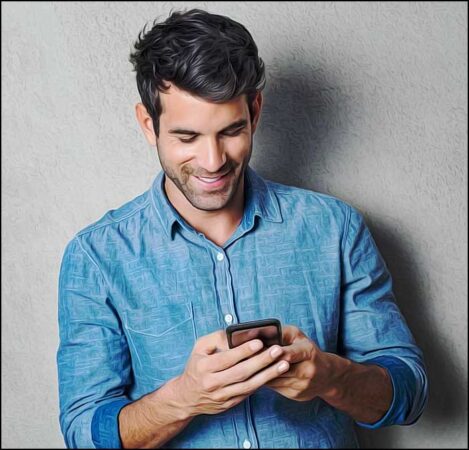 homme envoie texto en souriant