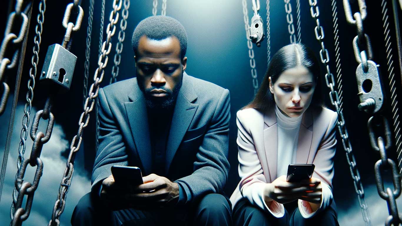 homme africain et femme hispanique assis dos à dos, profondement engages dans leurs smartphones