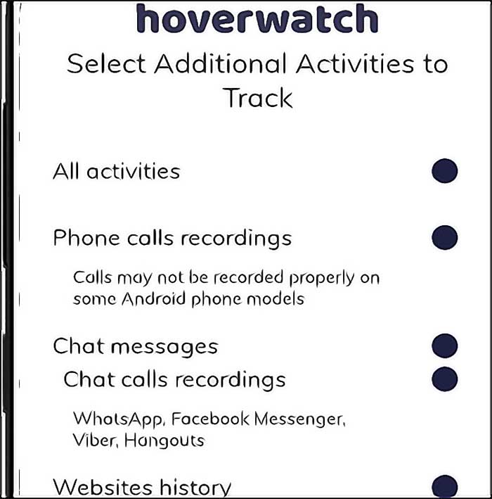 hoverwatch select activites to track