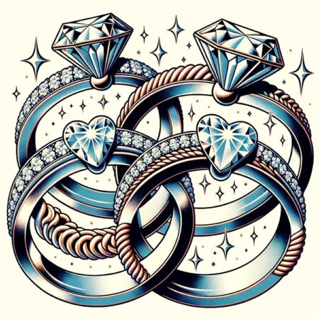 Illustration épurée du mariage et du remariage. En haut, deux anneaux brillants entrelacés représentent 60% des mariages de premiers conjoints. Au milieu, un anneau brillant et un anneau cassé symbolisent 20% des mariages avec un seul conjoint remarié. En bas, deux anneaux cassés entrelacés pour les 20% restants où les deux conjoints sont remariés.