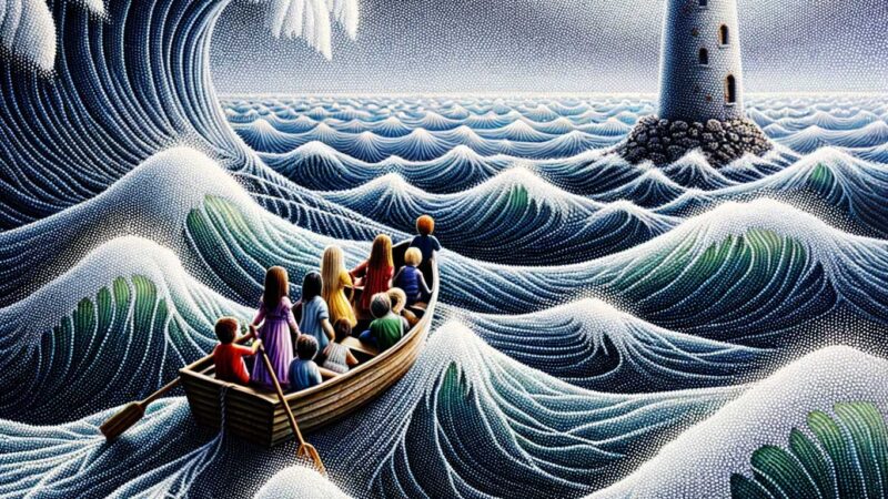 Peinture à l'huile pointilliste hyperréaliste représentant des enfants naïfs de genres et de milieux différents sur un délicat esquif naviguant sur un océan houleux symbolisant le web. Les vagues formées par des points méticuleux incarnent des dangers tels que la cybercriminalité.