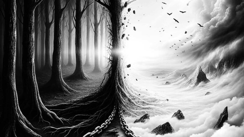 Dualité de la trahison et du pardon. La moitié gauche est envahie par une forêt sombre, des nuages menaçants et une silhouette déchue. Le sol est jonché de symboles de douleur, comme des chaînes cassées et des cœurs meurtris. La moitié droite montre un monde empli de lumière, avec un ciel clair, un soleil éclatant et un passage vers la rédemption.