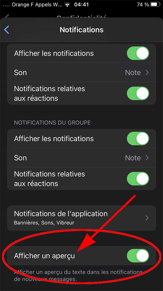 whatsapp notifications afficher un apercu