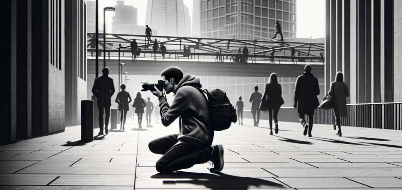 homme prend un cliche photographique dans la rue en noir et blanc