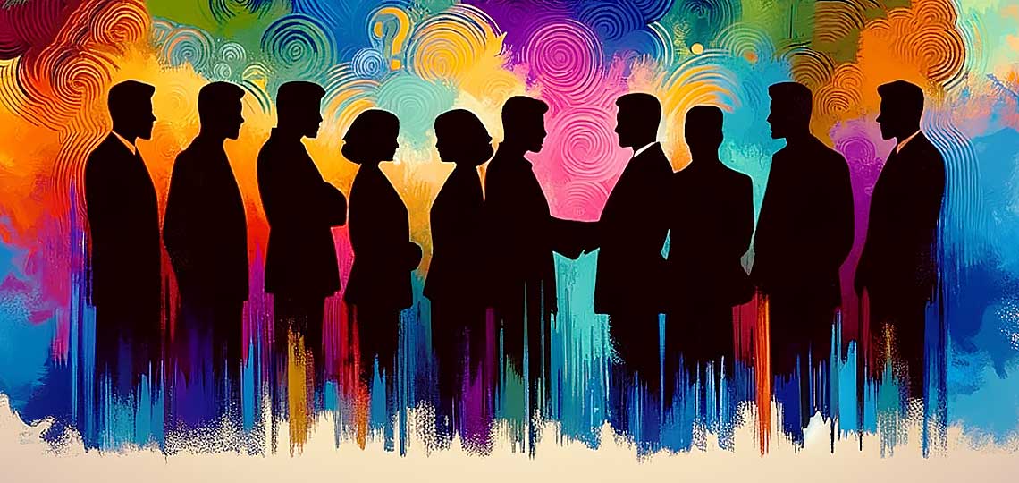 Silhouettes colorées de personnes en réunion.