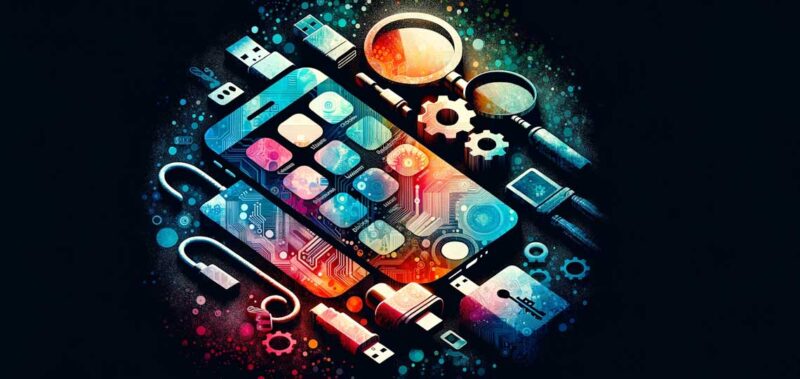 Le processus de recherche de l'UDID d'un appareil iOS. La première couche doit être une texture numérique abstraite et colorée pour représenter la nature numérique complexe de l'UDID. La deuxième couche doit être constituée des silhouettes d'un iPhone, d'un câble USB et d'un Mac, symbolisant la connexion et la découverte de l'UDID. Il faut également inclure la silhouette d'une clé, suggérant l'idée de déverrouillage ou d'accès à un contenu exclusif, ainsi qu'une loupe pour représenter l'aspect "recherche et découverte" de l'UDID.