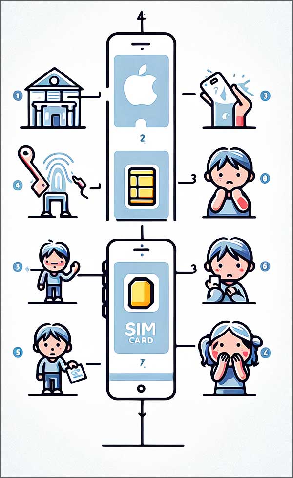 Schéma étapes installation carte SIM mobile.