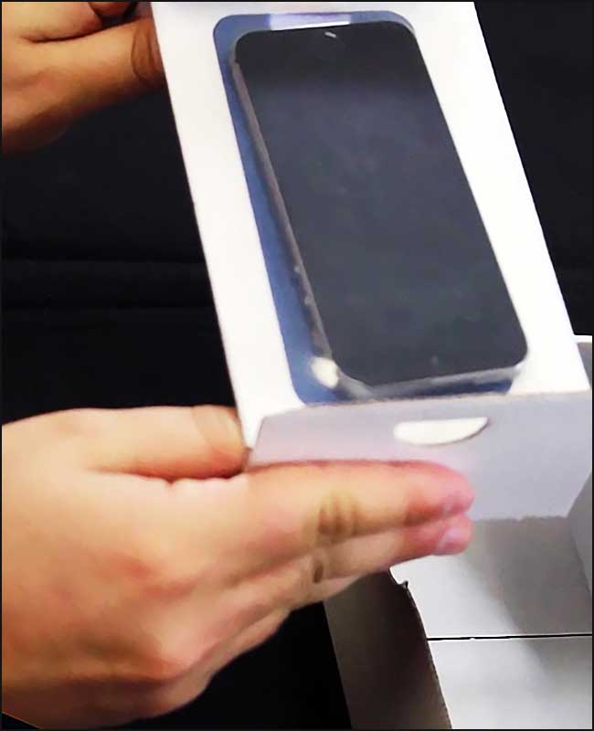 Scatola di smartphone tenuta in mano.