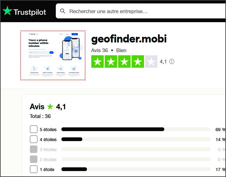 Page Trustpilot avec évaluation de geofinder.mobi