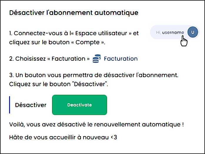 Capture écran instructions désactivation abonnement automatique.