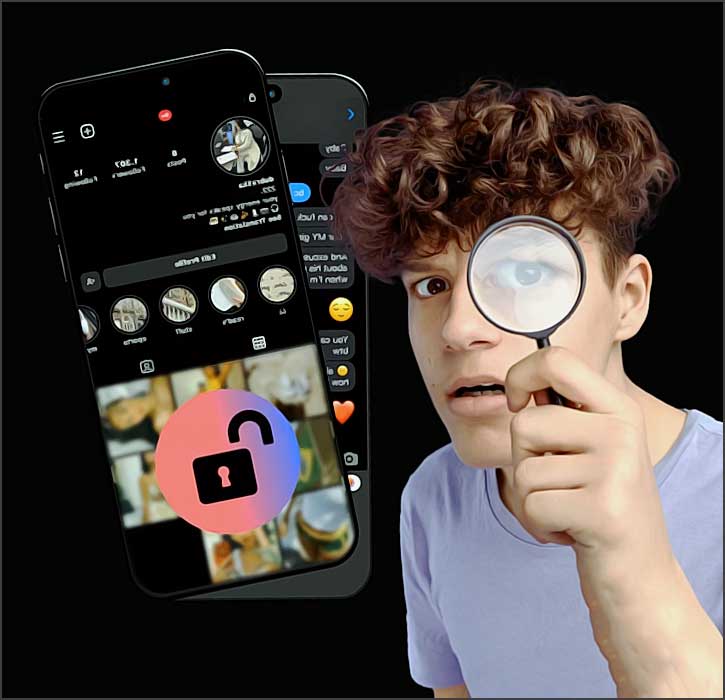 Homme observant smartphone avec loupe, cadenas ouvert.