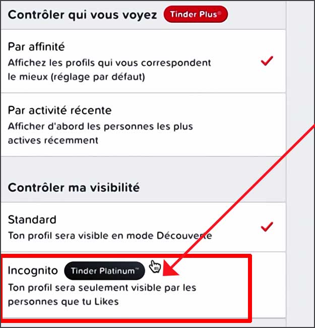 Mode incognito platinum de tinder